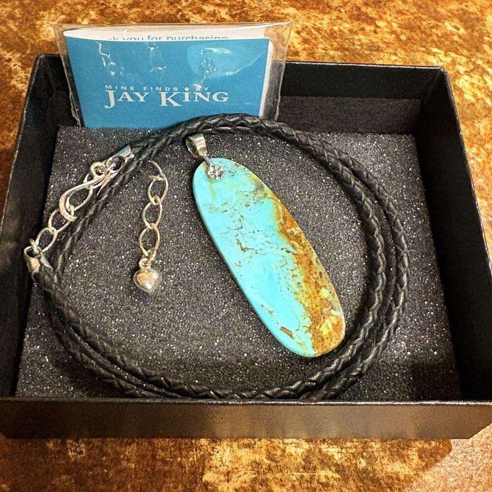 Jay King Necklace SS & Black Leather Cord w/ SS Oval Shaped Turquoise Slab DTR